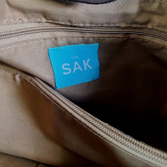 The SAK Beige Brown Stripe Crochet Shoulder Bag Purse Double Handle Satchel - Picture 13 of 16